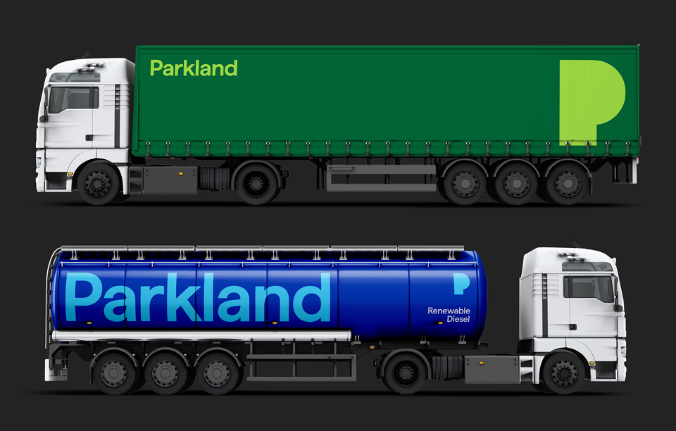 A truck pulling a trailer with a large Parkland P logo on it. Below it, a fuel tanker truck whose tank shows the Parkland wordmark