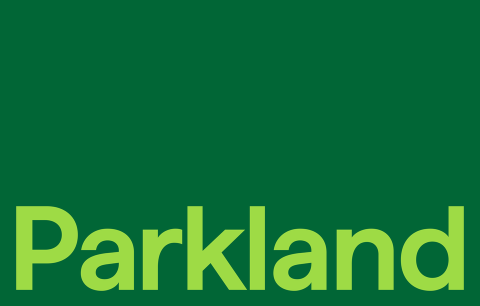 The Parkland wordmark. Text that says Parkland in light green against a dark green background