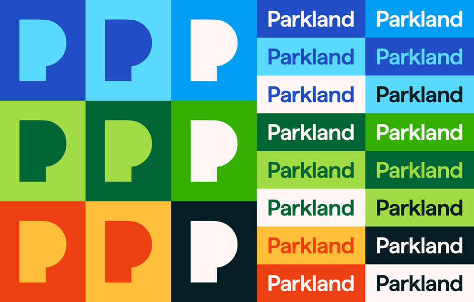 A selection of Parkland P logos and wordmarks, in a variety of blue, green and orange colours