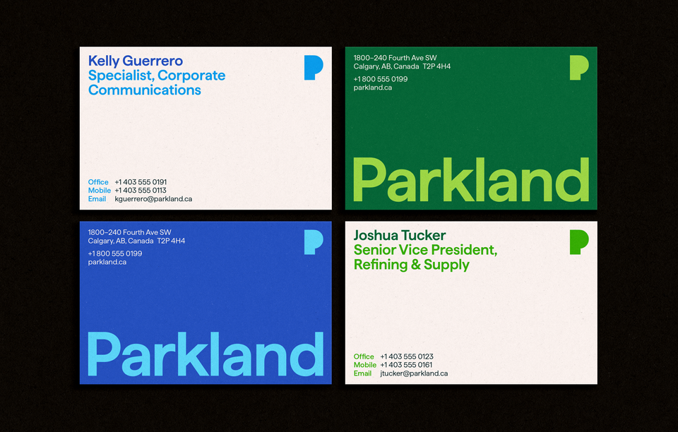 The front and back sides of two Parkland business cards. Each card shows the person's name and title, their phone numbers and email, and Parkland's phone number, website, and street address