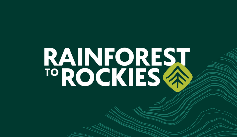 a logo that says Rainforest to Rockies, with an icon shapred like a series of arrows that could be a tree and a mountain, within a rounded diamond shape