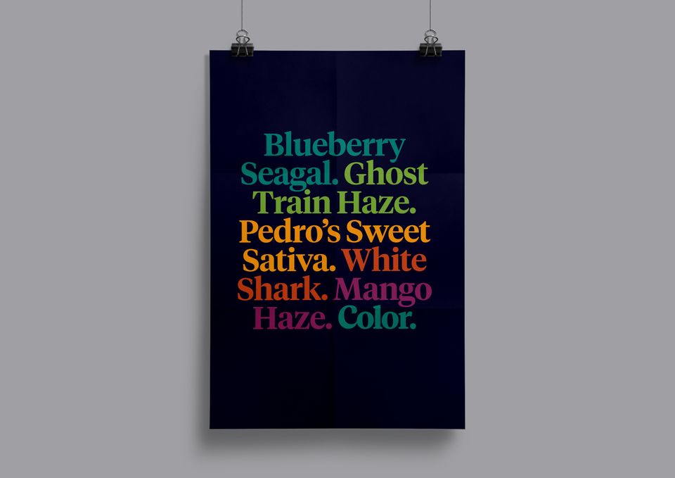 A poster with the words Blueberry Seagal, Ghost Train Haze, Pedro’s Sweet Sativa, White Shark, Mango Haze, Color.